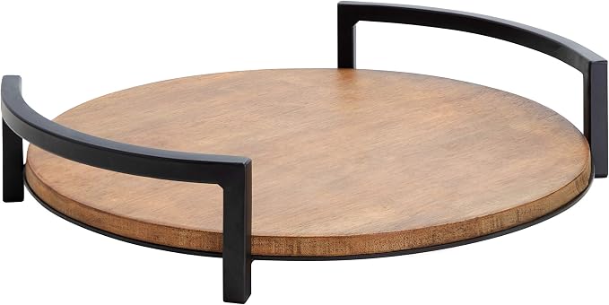 Kate and Laurel Ficher Round Wood Tray, 15" Diameter, Rustic Brown, Shabby-Chic Farmhouse Centerpieces for Table or Ottoman
