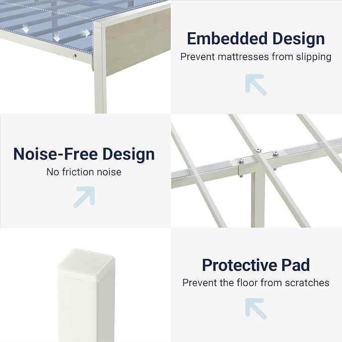 Allewie King Size Bed Frame, Heavy Duty 12 Metal Slats Support, White | Wooden Headboard and Footboard, Modern Platform Bed, No Box Spring Needed, Under-Bed Storage, Noise Free, Easy Assembly