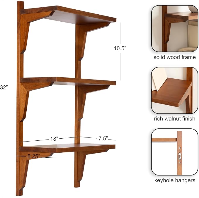 Kate and Laurel Meridien Modern Three-Tier Wooden Shelves, 18 x 9 x 32, Walnut Brown, Stunning Tiered Wall Shelf for Storage and Display as Cute Nursery Shelving or Over-the Toilet Storage