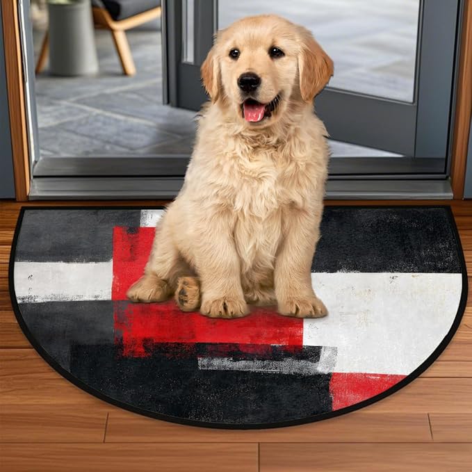 Black Red Half Round Doormat Semi Circle Rug Half Moon Rug Entryway Mat | Black Red Washable Non Slip Outdoor Floor Rug Kitchen Mat for Indoor Outdoor Bathroom Fireplace Bath Decor
