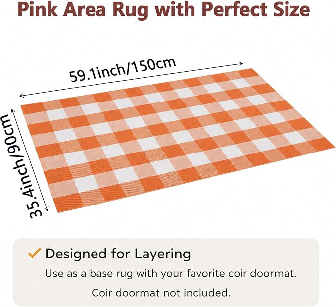 3x5 Ft Outdoor Rug, Orange and White Front Door Mat, Cotton Woven Entryway Rug, Washable Layering Rug for Front Porch Fall Outdoor Decor