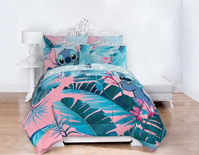 Disney Lilo and Stitch Queen Comforter Set 7 Piece Kids Bedding, Pink | Bed in a Bag, Comforter Sheets Shams Pillowcases, Official Brand, Soft Microfiber, Machine Washable, Girls Gift