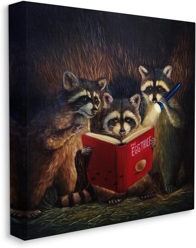 Fun Raccoon Trio Reading Book, 30 x 30 Inch Canvas Wall Art | Stupell Industries · By Lucia Heffernan · Ready to hang · Whimsical gift for animal lovers · Made in USA