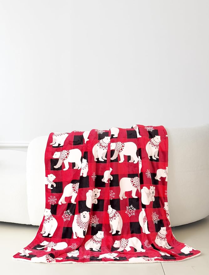 Elegant Comfort Reversible and Ultra-Plush Flannel Fleece-Winter Christmas Sherpa Throw- Lightweight Soft and Cozy-Holiday Decorative Throw, Perfect for Lounging, 50 x 60 inches, Polar Plaid Red