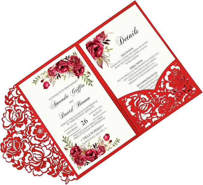 DORIS HOME 50Pcs Personalized Laser Cut Wedding Invitations, Red | 4.7"x7.1", Customized Anniversary Invitations, With Envelopes