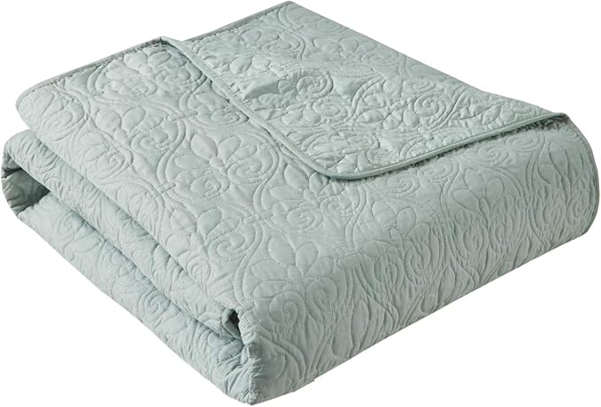 Madison Park Damask Quilting Design Throw Blanket, 60"x70" | Summer, Reversible & Oversized Throw for Living Room Couch, Sofa, Bed, Pre-washed Microfiber, Cotton Filled Spread, Seafoam