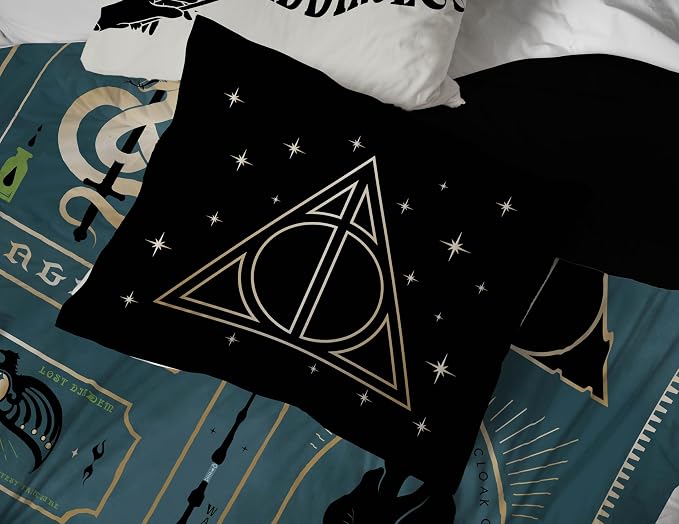 Harry Potter Twin Comforter Set 5 Piece Soft Fantasy Bedding, Blue | Deathly Hallows, Bed in a Bag, Comforter Sheets Sham Pillowcase, Official Product, Soft Microfiber, Machine Washable, Gift