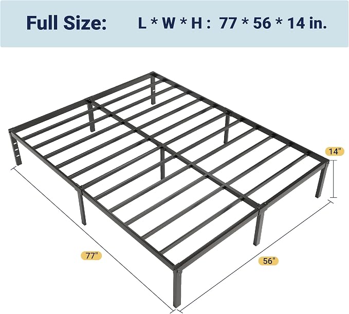 Allewie Full Size Bed Frame, 14 inch Metal Beds with Storage Space, Black | Heavy-Duty Metal Platform Beds, Large Under-Bed Storage Space, No Box Spring Needed, Easy Assembly