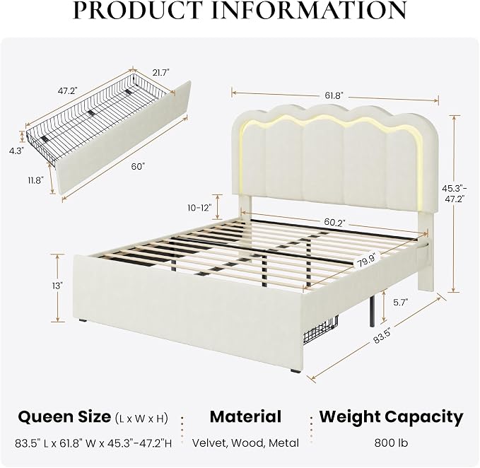 SHA CERLIN Queen Size Bed Frame with LED Lights and Storage Drawer, Cream | Upholstered Velvet Platform Bed with Adjuatable Wavy Headboard, Noise-Free, Easy Assembly,No Box Spring Needed