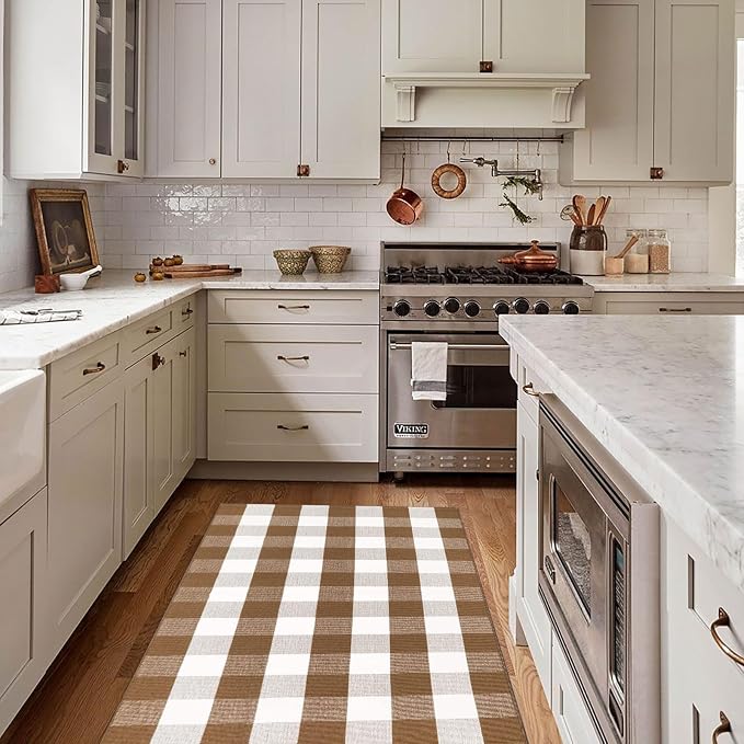 Bottalive Buffalo Plaid Outdoor Rugs, 3'x5' Brown and White Checkered Indoor/Outdoor Area Rug, Layering Rug for Hello/Welcome Door Mat, Washable Cotton Woven Farmhouse Mat for Fall Front Porch Décor