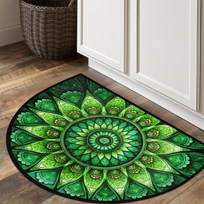 Mandala Half Round Rug Half Moon Door Mat Half Circle Rugs | Green Ethnic Washable Non-Slip Semi Circle Rug Welcome Half Round Door Mat Indoor Entrance Bedroom Living Room Decor B476