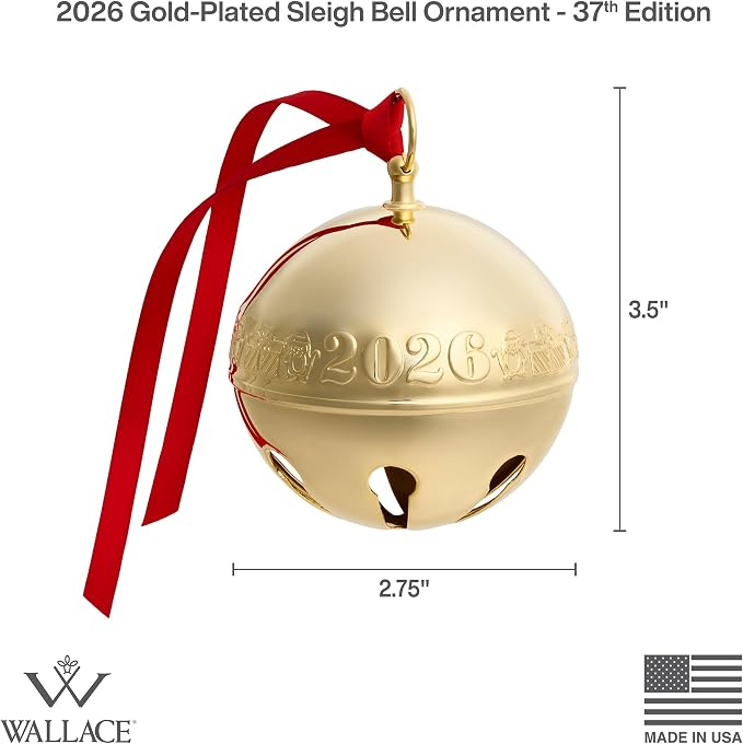 Wallace 2026 Gold-Plated Sleigh Bell Ornament 37th Edition - Penguins and Presents Annual Collectible - Handcrafted Holiday Bell with Gift Box, Velvet Pouch and Ribbon