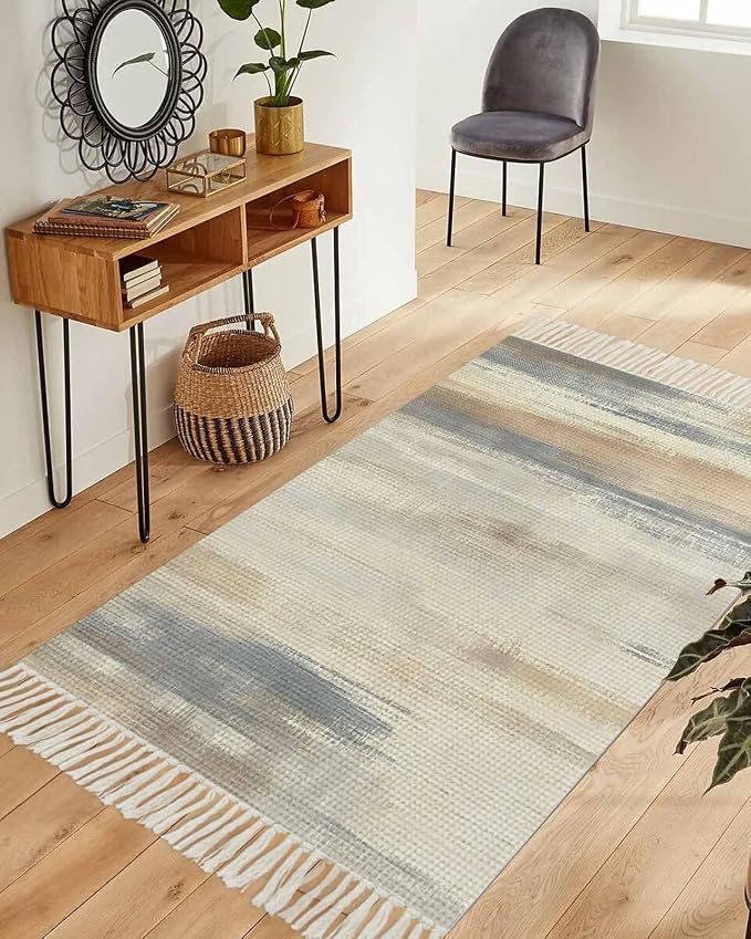 Beige Gray Brown Runner Rug 3X5 Ft Bedroom Area Rug, Washable Woven Abstract Ombre Art Throw Carpet with Tassel, Non-Shedding Vintage Minimalist Gradient Aesthetic Dining Room Living Room Carpets