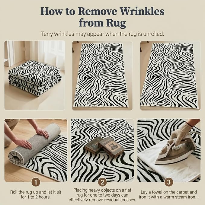 Black and White Rug 3x5 Animal Print with Abstract Stripes, Non-Slip TPE Backing, Low Pile, Washable Rugs Easy Clean, Suitable for Living Rooms, Bedrooms, and Offices