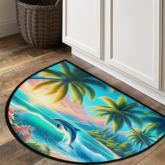 Palm Tree Half Round Door Mat Non Slip Half Circle Rugs | Art Summer Washable Half Moon Rug Semi Circle Rugs Indoor Entrance Floor Carpet for Kithen Bedroom Fireplace Decor