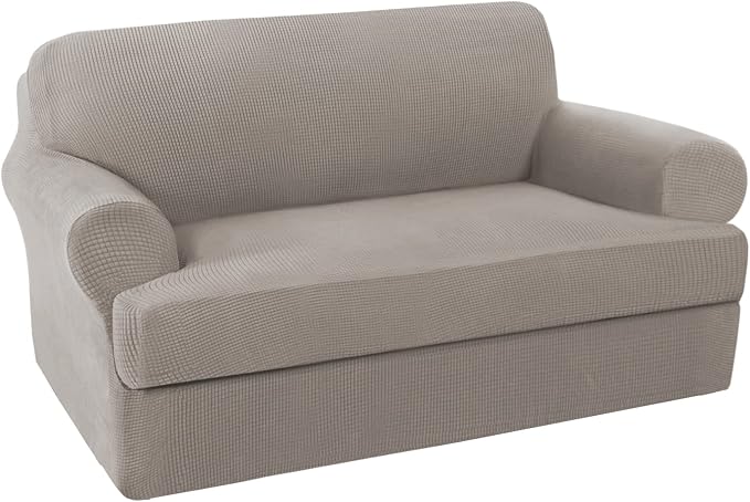 H.VERSAILTEX High Stretch 2-Piece Loveseat Furniture Cover/Slipcover for 2 Cushion Couch Fit Lovesat Width Up to 70 Inch, Suit for T Cushion/Box Cushion (Loveseat, Taupe)