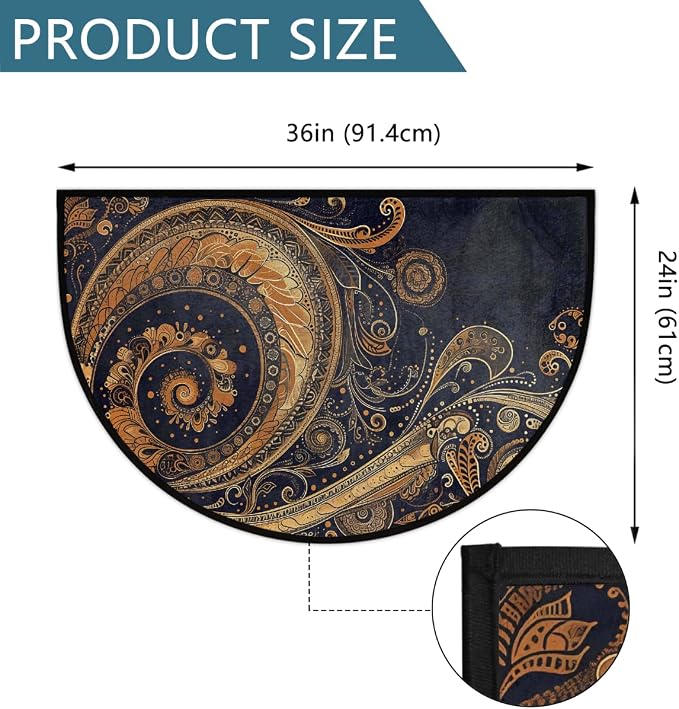 Gold Vintage Paisley Half Round Door Mat Non-Slip Semi Circle Rug Washable Half Moon Floor Rug Absorbent Bathroom Area Rugs for Outdoor Indoor Fireplace Mat Entryway Kitchen Decor Rugs