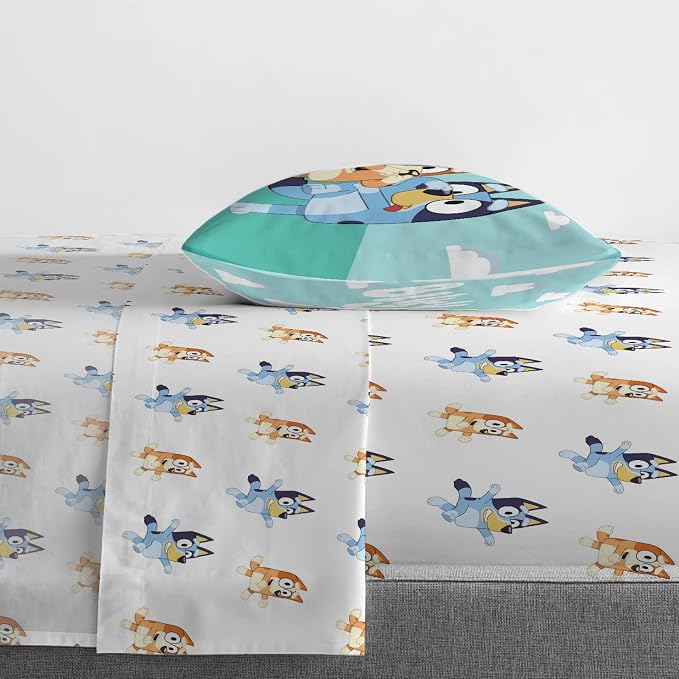 Jay Franco Kids Sheet Set with Fitted, Flat Sheets & Pillow Cover - Ultra-Soft Bedding with Pillowcase for Room Decor, White - Bluey, 3 Piece Twin