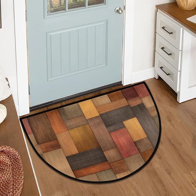 Wood Half Round Doormat Semi Circle Rug Half Moon Rug Entryway Mat | Wooden Retro Washable Non Slip Outdoor Floor Rug Kitchen Mat for Indoor Outdoor Bathroom Fireplace Bath Decor