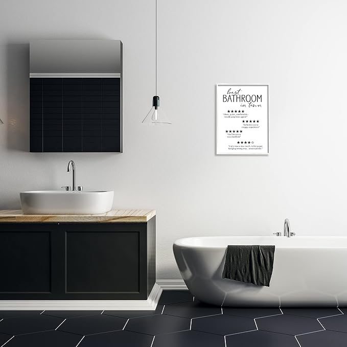 Stupell Industries 'Best Bathroom Five Star Reviews Funny Bath Phrases', Framed Giclee Art, White, 16 x 20 Inches, Easy to Hang and Sturdy, Made in USA, by Lettered and Lined