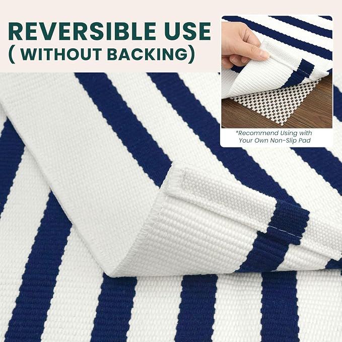 KOZYFLY 4x6 Blue and White Striped Rug Front Door Rug Woven Layered Washable Indoor Outdoor Rugs for Front Porch Kitchen Patio Farmhouse Independence Day Decor
