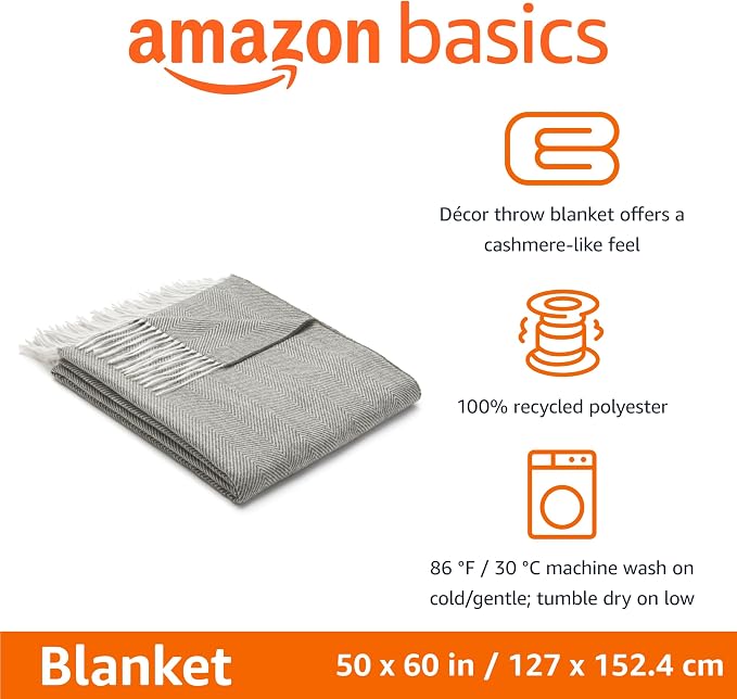 Amazon Basics Cozy Room Décor Throw Blanket, Lightweight, Recycled Polyester, Machine Washable, 50"x 60", Dark Gray and Light Gray Herringbone