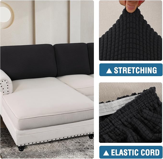 H.VERSAILTEX Backrest Cushion Covers Sectional Couch Back Cushion Covers for Sectional Sofa Set for Both Left/Right Couch (Back Only: 1 Chaise + 2 Sofa, Black)
