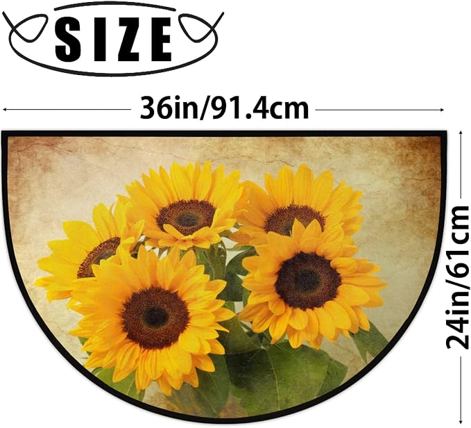 Pardick Half Round Doormat Retro Flower Sunflower Non-Slip Half Circle Area Rug Durable Washable Runner Mat for Living Room Bedroom Indoor Outdoor Kitchen Floor Home Decor Half Moon Rug