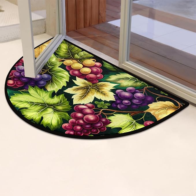 Grape Half Round Doormat Non-Slip Semi Circle Rug Half Moon Mat | Color Fruit Leaves Washable Soft Absorbent Indoor Outdoor Entrance Kitchen Bathroom Sink Patio Welcome Fireplace Floor Rug