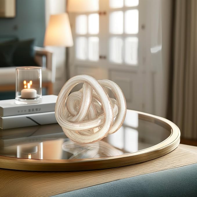 Torre & Tagus Orbit Hand Blown Glass Infinity Knot Sculpture - 4.5 Inch Glass Art White & Gold Knot Decor Ball for Home Decor, Small Centerpiece Table Decoration for Home Interior (White Gold Flakes)