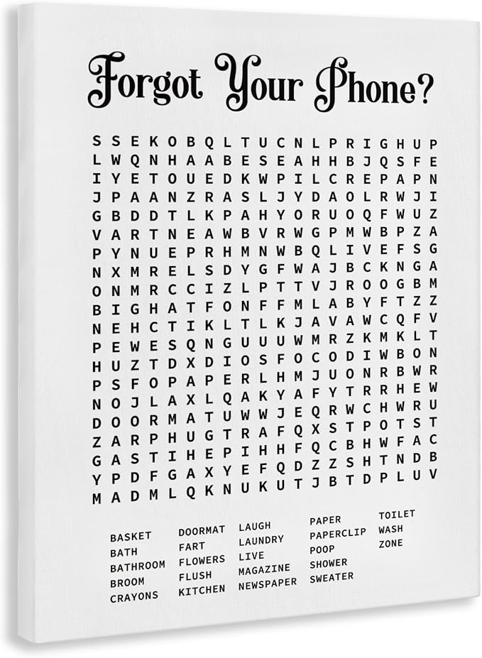 Bathroom Word Puzzle Affirmation, 16 x 20 Inch Canvas Wall Art | Stupell Industries · By Lettered and Lined · Ready to hang · Great for bath decor · Made in USA