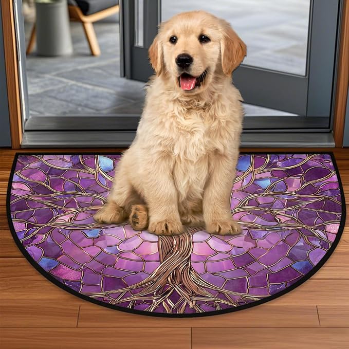 Tree Half Round Door Mat Semi Circle Rug Half Moon Doormat | Soft Washable Mandala Purple Welcome Entrance Mat for Outdoor Indoor Floor Bedroom Bathroom Home Kitchen Festival Decor
