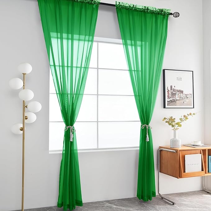 youleyar Solid Sheer Rod Pocket Curtain Voile Draperies 2 Panels White Beige Black Grey Coffee 52 Inch Width 54 Inch Long 1 Pair for Kitchen Bedroom Children Living Room Yard (Green,52Wｘ54L)