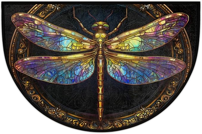 Dragonfly Half Round Door Mat Outdoor Doormat Bedroom Entrance Rug A17 | Bohemian Dragonfly Semi Moon Door Mat Non-Slip Absorbent Kitchen Rug Indoor Welcome Bath Mat 36" X 24"