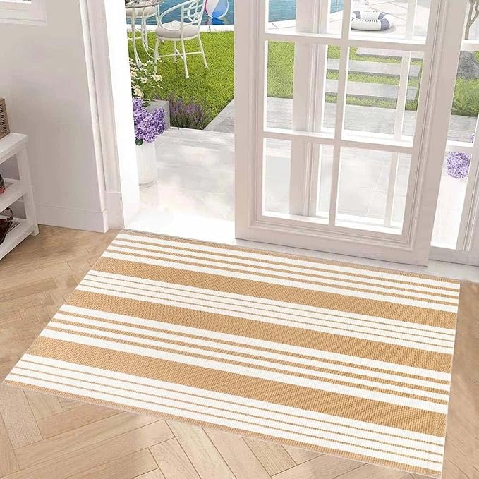 Khaki and White Striped Outdoor Rug 24'' x 51'' Front Porch Rug Hand-Woven Machine Washable Indoor/Outdoor Layered Door Mats for Entryway/Bedroom/Outdoor