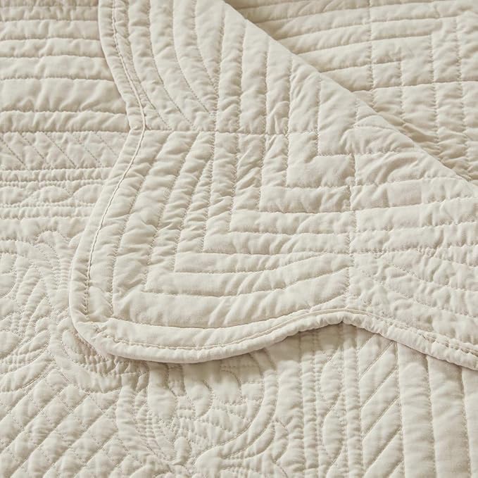 Madison Park Luxe Damask Stitching Throw Blanket, 60"x72" | Cotton Filled Spread, Ultra Soft, Cozy Bedding for Living Room Couch, Sofa, Bed, Scalloped Borders, Cream