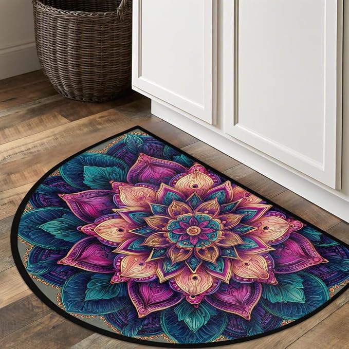 Bohemia Mandala Boho Half Round Door Mat Non-Slip Semi Circle Rug Washable Half Moon Floor Rug Absorbent Bathroom Area Rugs for Outdoor Indoor Fireplace Mat Entryway Kitchen Decor Rugs