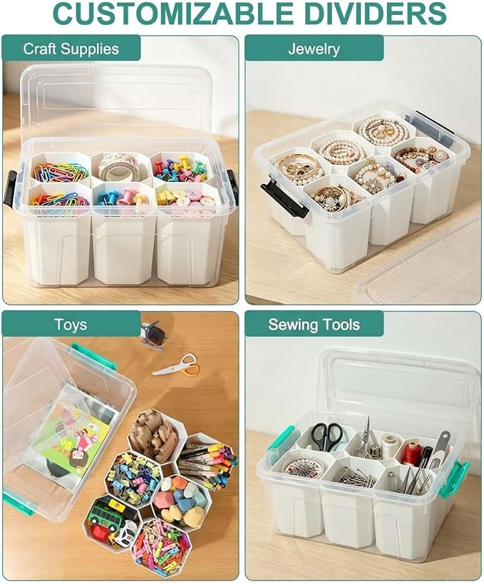 NUMIFUN 17QT Clear Storage Bins with Lids & Dividers for Crafts | Stackable 17-quart transparent box featuring 6 tall removable inserts. Perfect for organizing crafts, tools, toys & crayons
