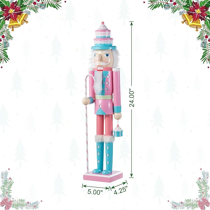 Glitzhome Nutcracker Christmas Decorations 24 Inch Wooden Nutcracker Soldier with Candy Cane & Cupcake for Xmas Holiday Decor Porch Gateway