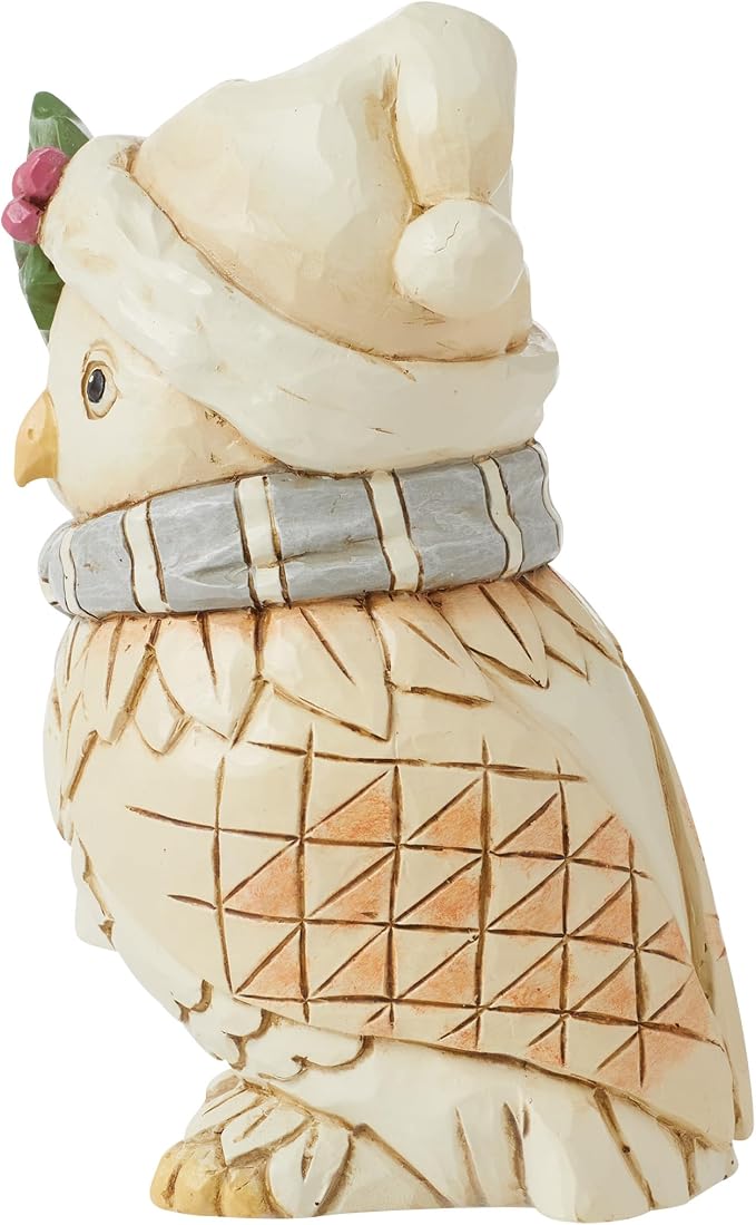 Enesco Jim Shore Heartwood Creek White Woodland Owl Wearing a Hat and Scarf Miniature Figurine- Stone Resin Hand Painted Crafted Collectible Mini Figurines Christmas Home Decor Statue, 4.72 Inch
