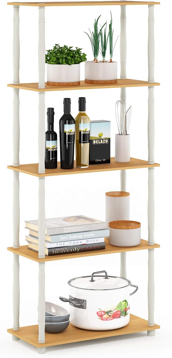 Furinno TURN-S-TUBE Storage Shelves, 5-Tier Book Shelf, Corner Shelf, Toolless Open Shelves, Classic Tubes, for Organization and Storage, Living Room, Garage, Home Office, Beech