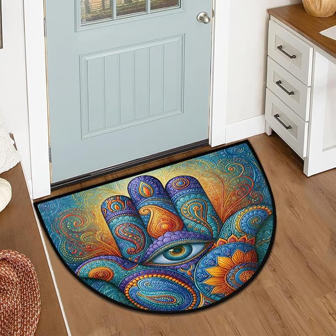 Abstract Half Round Door Mat Non Slip Half Circle Rugs | Art Rainbow Washable Half Moon Rug Semi Circle Rugs Indoor Entrance Floor Carpet for Kithen Bedroom Fireplace Decor