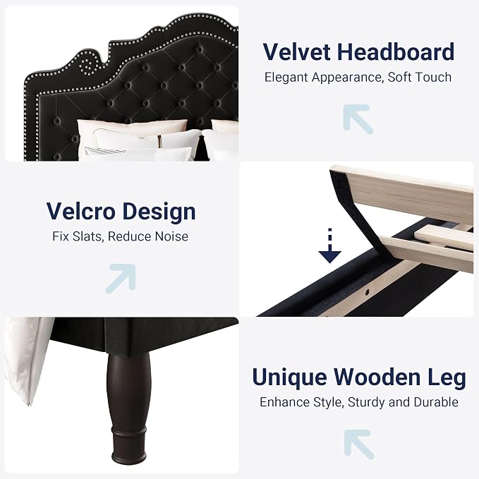 Allewie Queen Velvet Bed Frame with Adjustable Headboard, Wooden Slats, No Box Spring Needed, Easy Assembly, Black