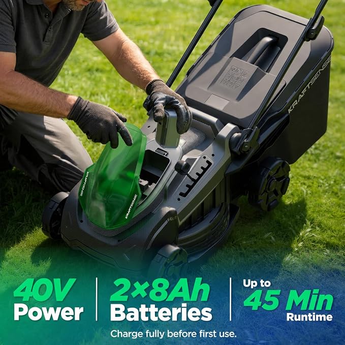 18" 40V Brushless Cordless Electric Lawn Mower | Includes Two 20V 8.0Ah Batteries & Charger, 6-Level Height Adjustment (25mm-75mm), 50L Collection Bag, and 2 Spare Blades