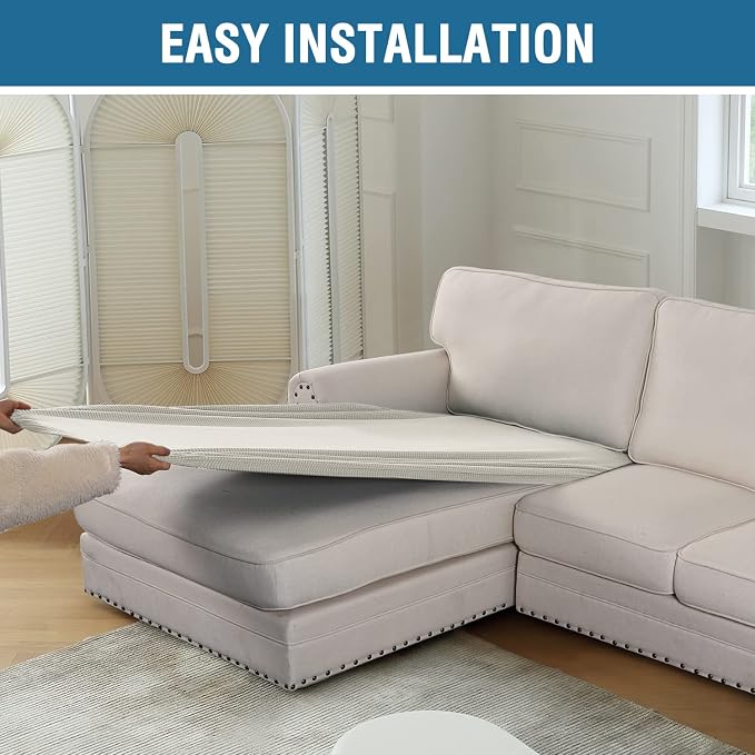 H.VERSAILTEX Sectional Couch Covers 1 Piece Chaise Slipcover L Shape Separate Cushion Couch Cover for Both Left/Right Sectional Couch (Seat Only: 1 Chaises, Ivory)