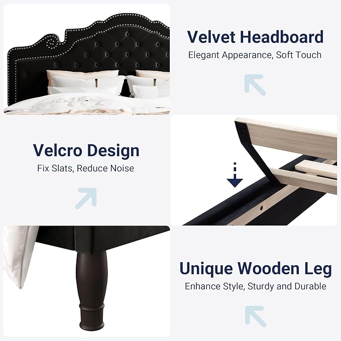 Allewie King Bed Frame with Adjustable Velvet Tiara Headboard, Upholstered Diamond Button Tufted Platform Bed, Wood Slats Support, No Box Spring Needed, Mattress Foundation, Easy Assembly, Black