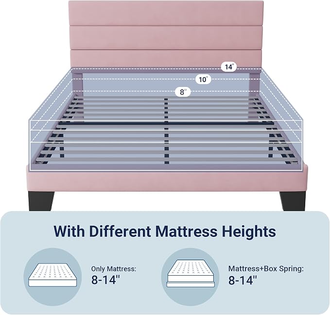 Allewie Full Size Platform Bed Frame with Velvet Upholstered Headboard Pink | Wooden Slats Support, Fully Upholstered Mattress Foundation, No Box Spring Needed, Easy Assembly, Noise-Free, Pink
