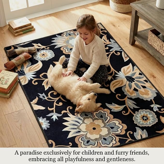 Black Floral Washable Rug 3x5, Ultra Thin Resistant Paisley Bedroom Rugs, Non-Slip Vintage Entryway Carpet, Boho Print, for Living Room, Kitchen, Office