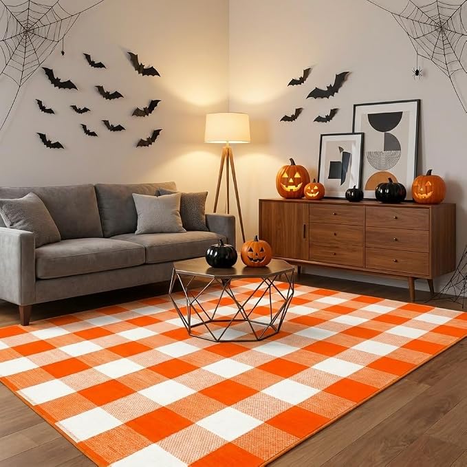Buffalo Plaid Rug 4' x 6' Orange and White Halloween Front Doomat Reversible Layered Porch Rug Washable Hand Woven Cotton Area Rug for Indoor Outdoor Living Dining Room Bedroom Kitchen Porch Decor