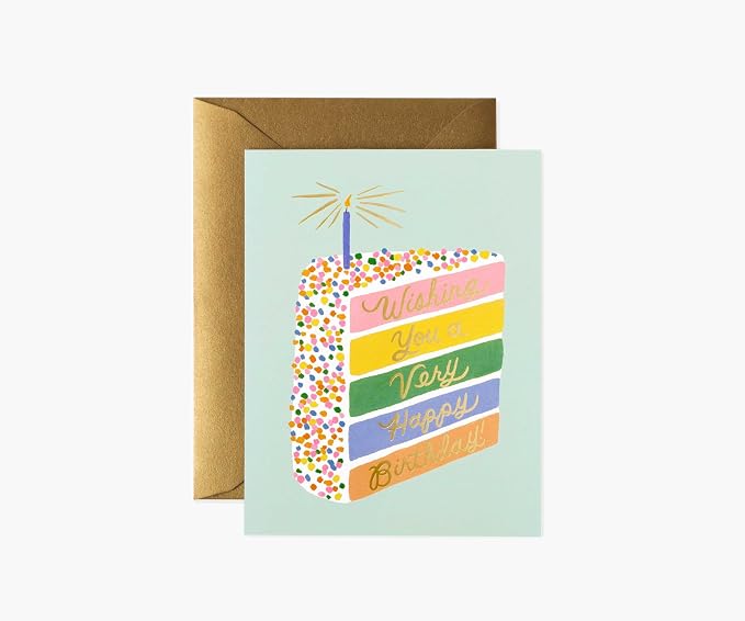 RIFLE PAPER CO. Cake Slice Birthday Cards, Boxed Set of 8 Folded Cards with Metallic Gold Envelopes, Full-Color Illustration, Blank Interior, 4.25" L x 5.5" W